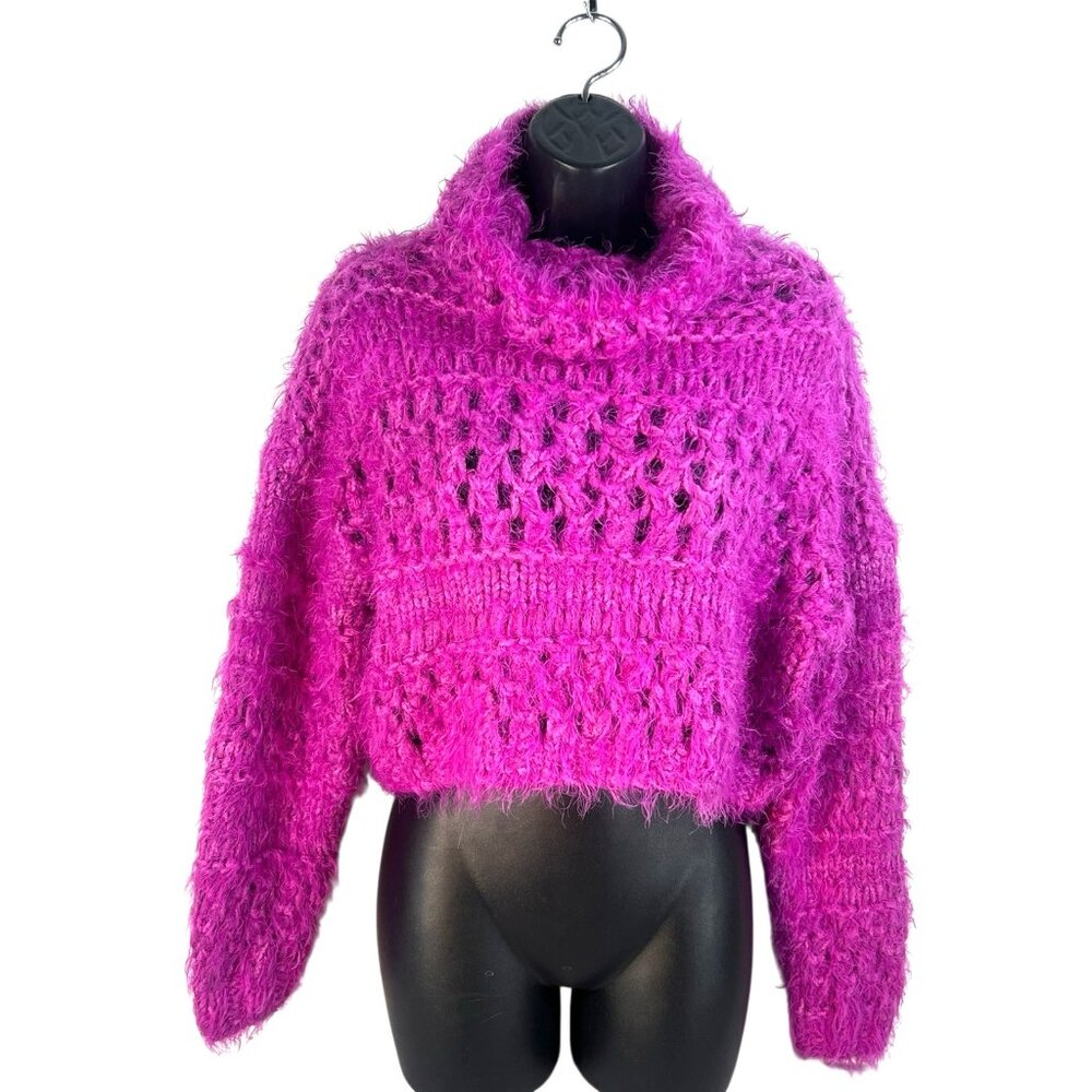 Free People Rustic In magenta box shape fuzzy cropped pullover sz L - Picture 1 of 7